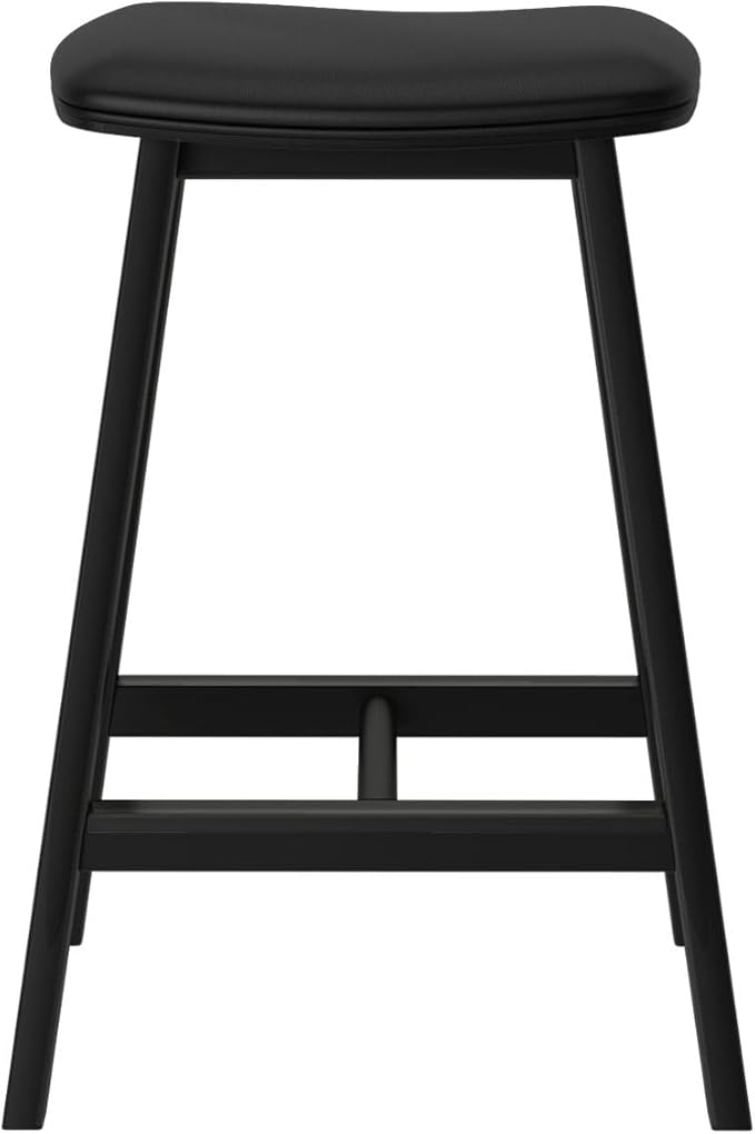 Plank+Beam Beryl Counter Height Stool - Mid-Century Modern Rubberwood Bar Stool with Faux Leather Seat, Metal Footrest, Easy Assembly, 4-Pack, Black/Black