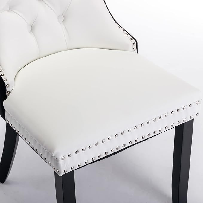 PU and Velvet Upholstered Dining Chair with Wood Legs Nailhead Trim 2-Pcs Set,Modern Side Chair W/Button Back Ring for Kitchen,White+Black