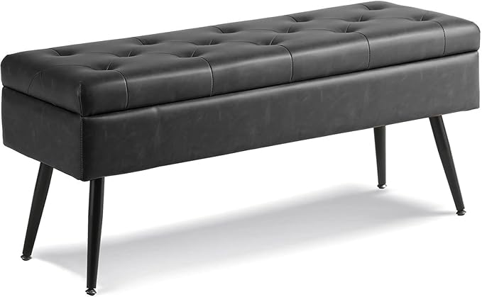 CUYOCA Storage Ottoman Bench, 40" Faux Leather Tufted Entryway Bench, Long Ottoman with Storage for Living Room, Support 660lbs - Black
