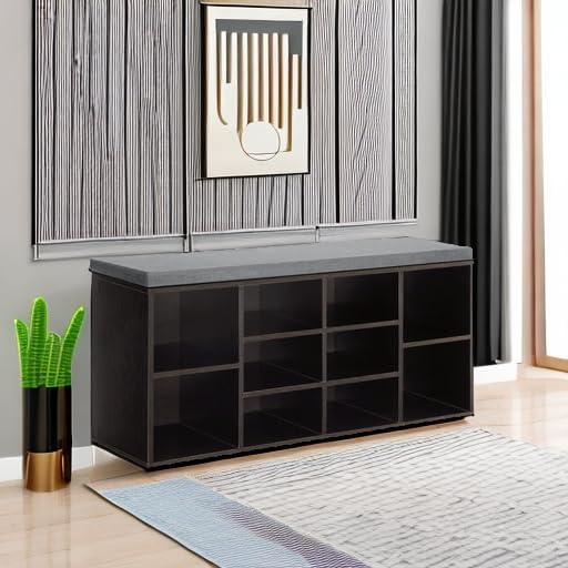 PayLessHere Shoe Bench - 10 Compartment Shoe Organizer with 3-Tier Rack & Adjustable Shelves for Living Room, Entryway, Hallway, Bedroom (Black)