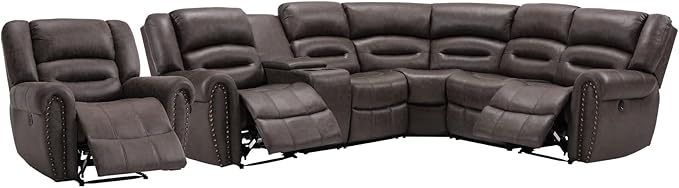 EBELLO Faux Leather Reclining Sectional Sofa Set, L-Shaped Power Corner Couch Home Furniture Set with Storage Console, Cup Holders, USB Port(Dark Brown,Sofa with Recliner)