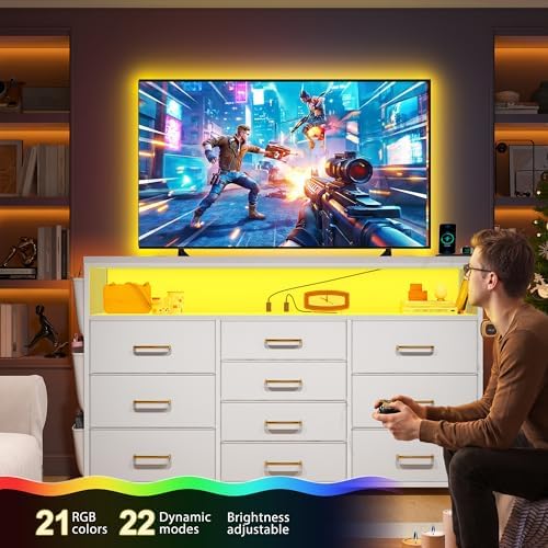 EnHomee 10-Drawer Dresser TV Stand for 55" TV with LED Lights, Power Outlets & Side Pockets (Whithe)