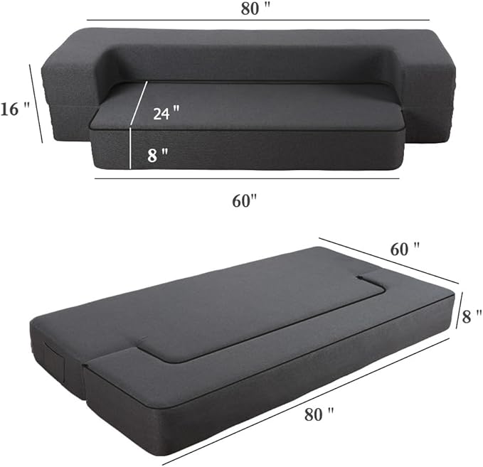 HonTop 8 Inch Folding Sofa Bed Couch Queen Memory Foam Convertible Futon Sleeper Chair Foam Bed for Bedroom Living Room Guest, Dark Grey