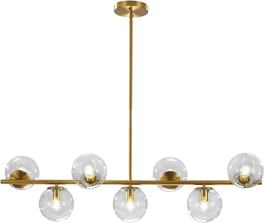 KCO Lighting 7-Light Clear Glass Globe Sputnik Chandelier Mid Century Modern Pendant Hanging Light Gold Brass for Kitchen Island Dining Living Room