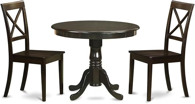 East West Furniture ANBO3-CAP-W 3 Piece Dining Room Furniture Set Contains a Round Dining Table with Pedestal and 2 Wood Seat Chairs, 36x36 Inch, Cappuccino