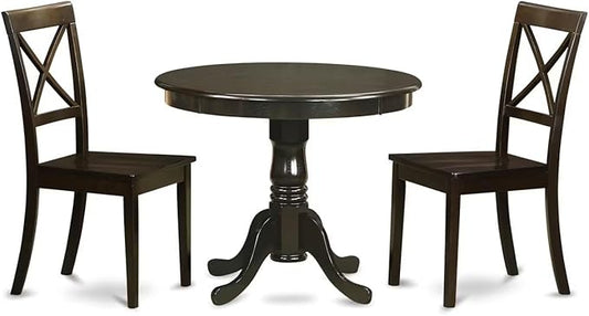 East West Furniture ANBO3-CAP-W 3 Piece Dining Room Furniture Set Contains a Round Dining Table with Pedestal and 2 Wood Seat Chairs, 36x36 Inch, Cappuccino