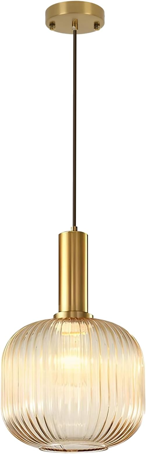 Amber Glass Pendant Light, Mid Century Modern Pendant Lights Kitchen Island, Vintage Gold 1-Light Ceiling Hanging Light Fixtures for Dining Room Bedroom Hallway Bar
