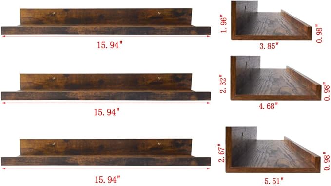 Giftgarden 16 Inch Floating Shelves ,Set of 3, Rustic Wall Mounted Picture Ledge Wooden Wall Shelf for Living Room Bedroom Kitchen Bathroom, 3 Different Sizes
