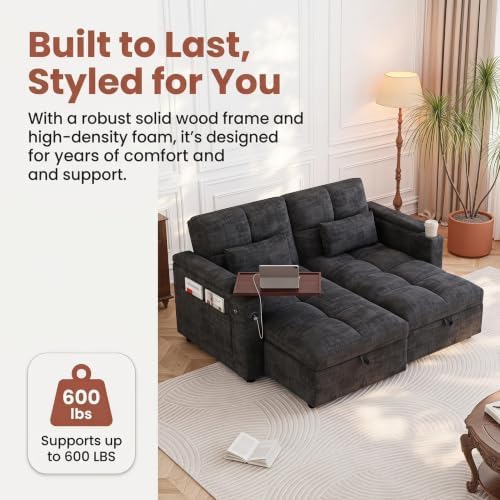 Convertible Sectional Sofa Bed with Storage, Tray & USB Port, Black
