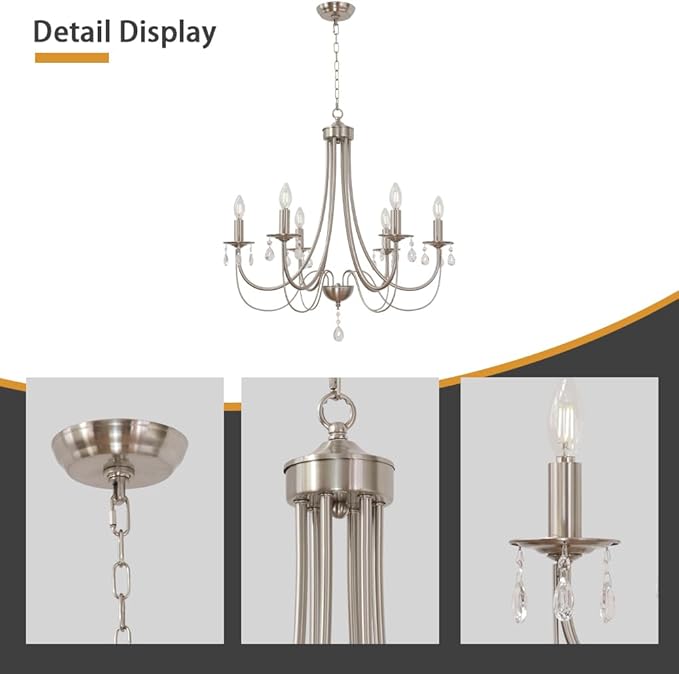 Farmhouse Chandeliers 6 Lights Brushed Nickel Modern Farmhouse Pendant Lighting Crystal Kitchen Ceiling Light Fixtures for Dining Room Living Room