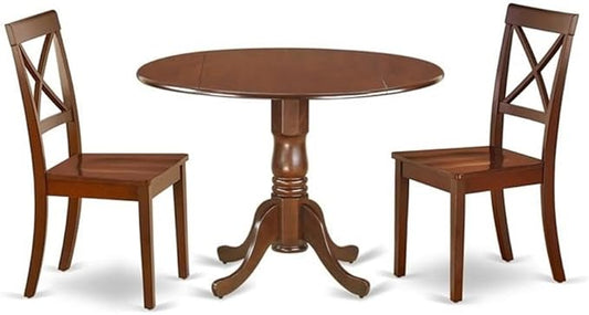 East West Furniture DLBO3-MAH-W 3 Piece Modern Dining Table Set Contains a Round Wooden Table with Dropleaf and 2 Dining Room Chairs, 42x42 Inch, Mahogany