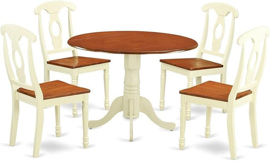 East West Furniture DLKE5-BMK-W 5 Piece Dining Room Furniture Set Includes a Round Kitchen Table with Dropleaf and 4 Dining Chairs, 42x42 Inch, Buttermilk & Cherry