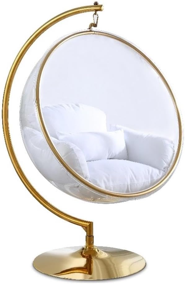 Meridian Furniture Luna Collection Modern | Contemporary Clear Acrylic Accent Swing Chair with Gold Metal Base and Durable Fabric Seat, 41.5" W x 29.5" D x 64" H, White