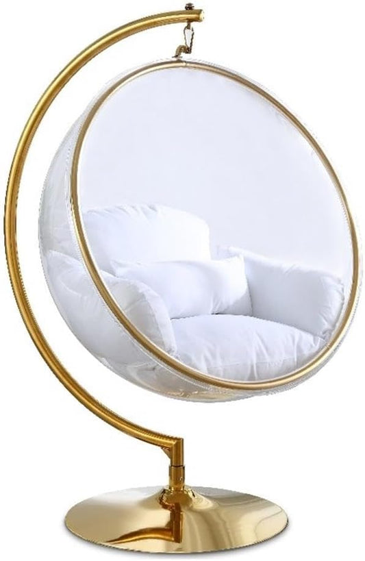 Meridian Furniture Luna Collection Modern | Contemporary Clear Acrylic Accent Swing Chair with Gold Metal Base and Durable Fabric Seat, 41.5" W x 29.5" D x 64" H, White
