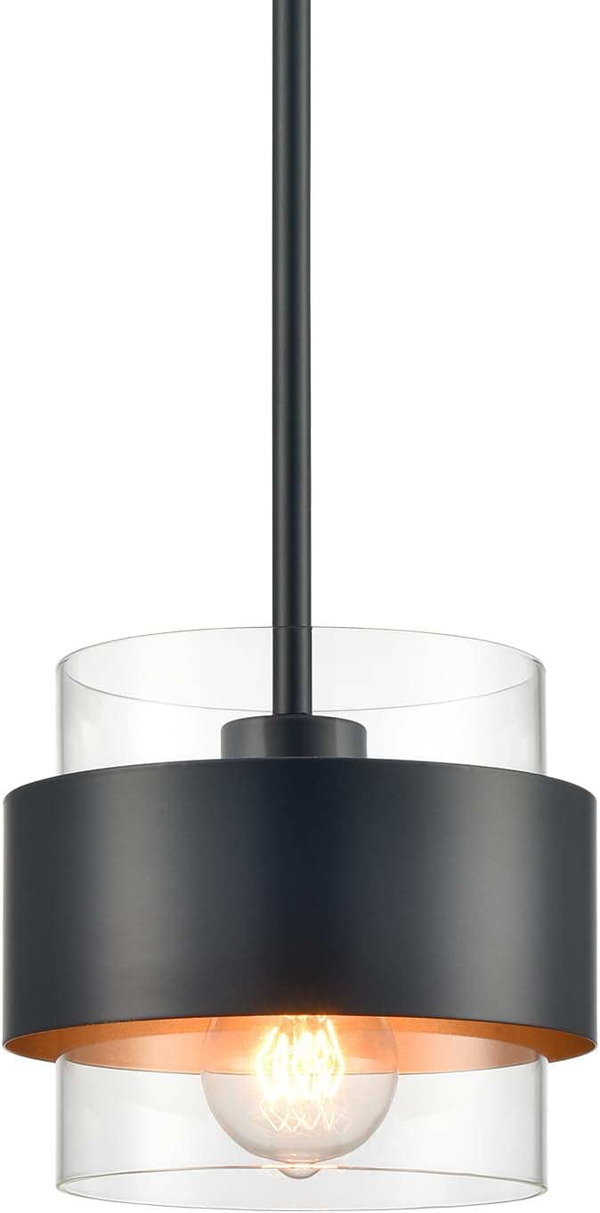 CLAXY Pendant Lights Kitchen Island Black Rod Hanging Kitchen Pendant Light Fixture, Clear Glass Cylinder Shade