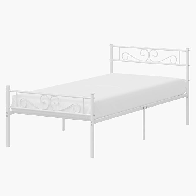 VECELO Twin Size Bed Frame with Headboard, 14 Inch Metal Platform Mattress Foundation, No Boxing Spring Needed, Squeak Resistant, Easy Assembly, Off White