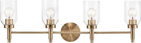 Kichler Madden 4-Light Vanity with Clear Glass in Champagne Bronze, Sloped Ceiling Compatible, for Single or Double Vanity in Bathroom (10.5" x 34"), 55186CPZ