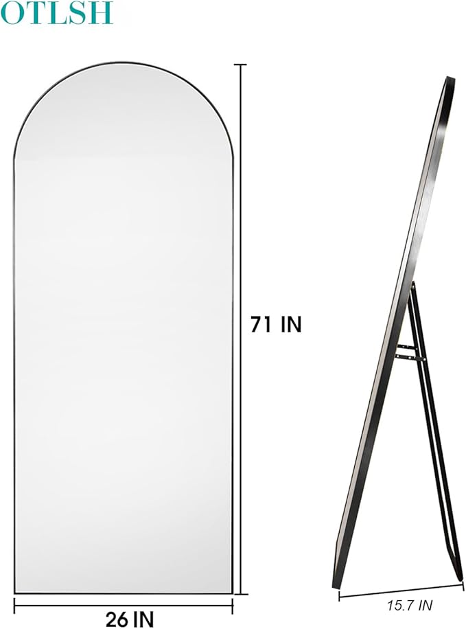 71"26" Arched Floor Mirror With Stand, Black Aluminum Frame, Freestanding or Wall Mounted, Modern Home Decor