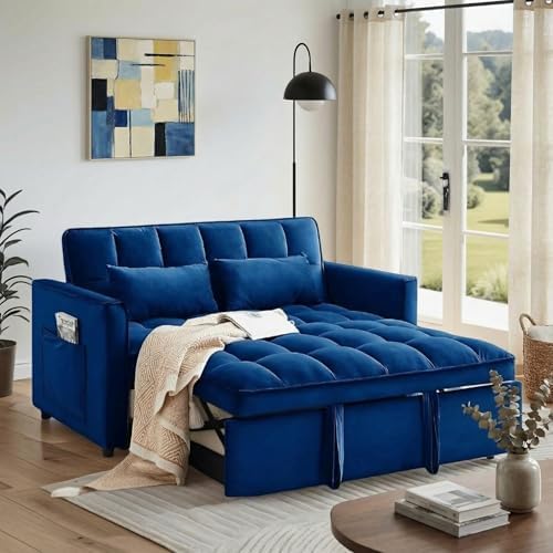 3 in 1 Convertible Sofa Bed, Love Seat Sleeper Bed with Side Pockets, Velvet Fabric Pull Out Couch with Adjustable Backrest for Living Room, Bedroom, Apartment, Blue
