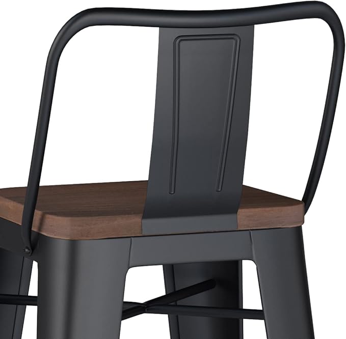 SIMPLIHOME Rayne Bar Stools (Set of 2) - 30 inch Seat Height Metal and Wood Chairs in Black, Industrial Seating for Kitchen or Bar with Curved Back, Footrest, and Elm Wood Seat
