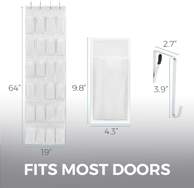 HOME GENIE Over the Door Hanging Shoe Organizer, 2 Pack, 24 Breathable Mesh Pockets, Closet Rack Storage Holder Stay in Place Hooks Hang on Closets, Hanger Holds Up to 40 lbs, Shoes, Accessories White