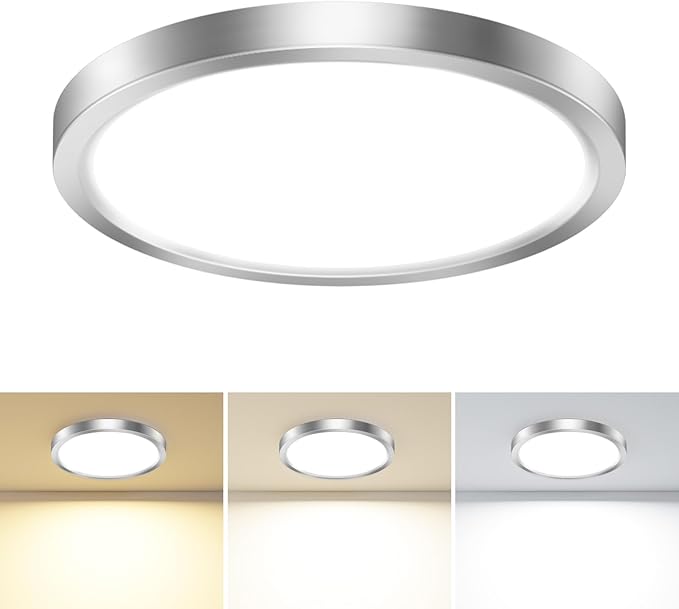 slochi LED Flush Mount Ceiling Light Fixture, 3000K-4000K-6500K & 100W Equivalent Modern Kitchen Recessed Ceiling Lamp 15W 1500Lm 7.5 Inch Closet Round Surface for Bathroom Laundry-Brushed Nickel
