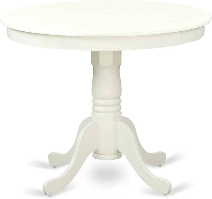 East West Furniture ANBO3-LWH-W 3 Piece Kitchen Table & Chairs Set Contains a Round Dining Room Table with Pedestal and 2 Solid Wood Seat Chairs, 36x36 Inch, Linen White