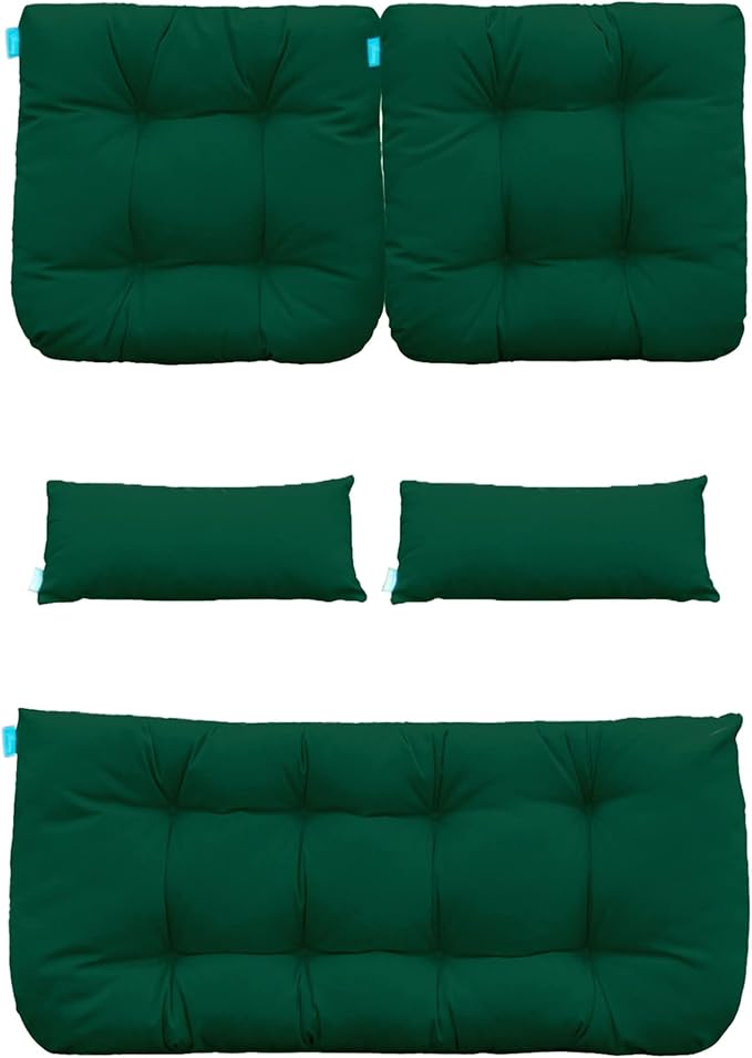 QILLOWAY Outdoor Patio Wicker Seat Cushions Group Loveseat/Two U-Shape/Two Lumbar Pillows for Patio Furniture,Wicker Loveseat,Bench,Porch,Settee of 5 (Mallard/Forest Green)
