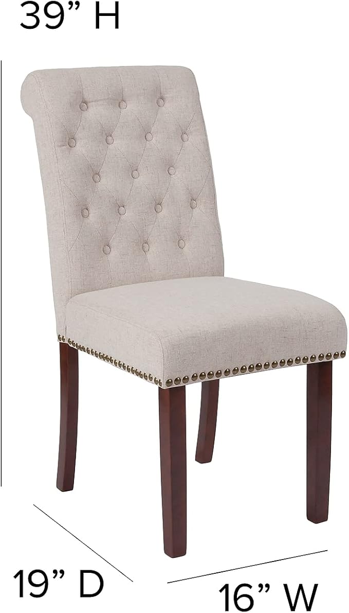 Flash Furniture HERCULES Series Beige Fabric Parsons Chair with Rolled Back, Accent Nail Trim and Walnut Finish