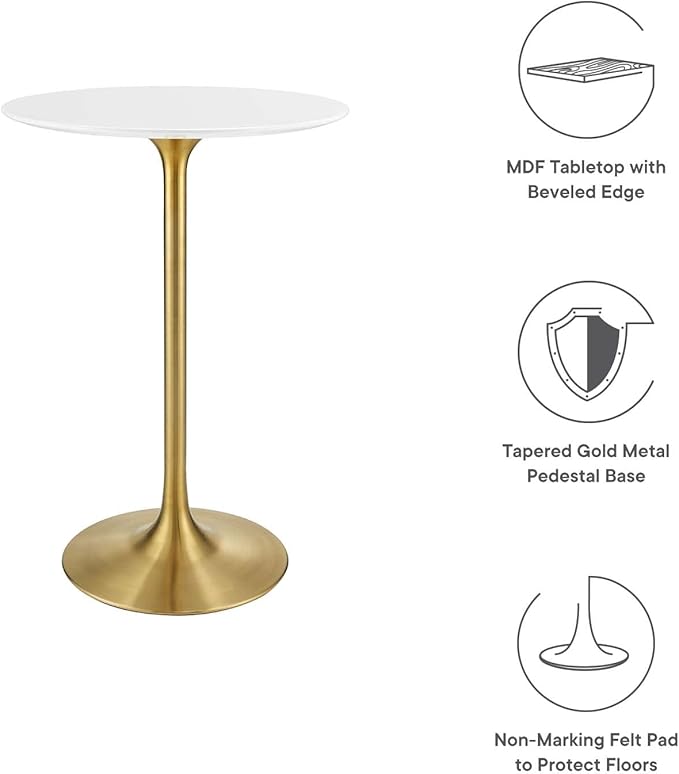 Modway Lippa 28" Mid-Century Modern Bar Table with Round White Top and Gold Pedestal Base