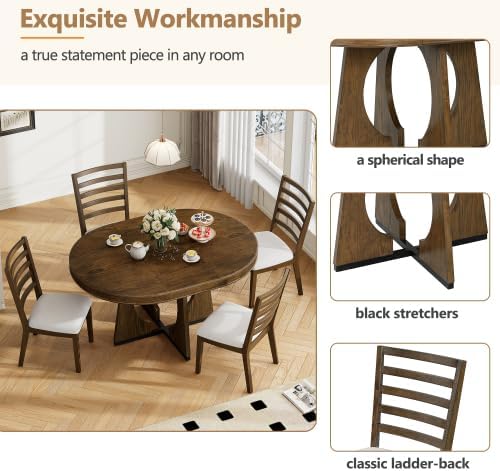 Bellemave Extendable Dining Table Set with 4 Upholstered Chairs, 5-Piece Round Kitchen Table Set with Removable Middle Leaf for Kitchen, Dining Room (Walnut)