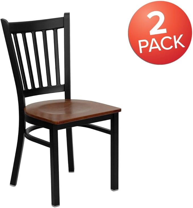Flash Furniture 2 Pack HERCULES Series Black Vertical Back Metal Restaurant Chair - Cherry Wood Seat