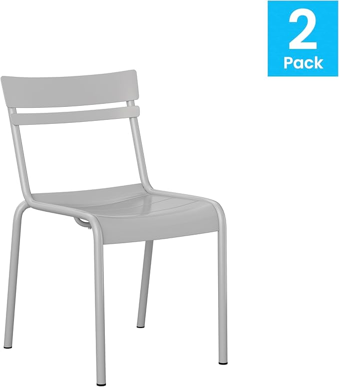 Flash Furniture Nash Commercial Grade Steel Stack Chair, Indoor-Outdoor Armless Chair with 2 Slat Back, Set of 2, Silver