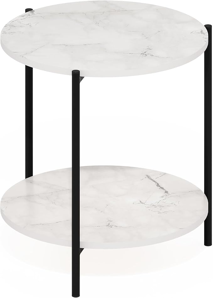Furinno Besi 2-Tier Modern Round Side End Table with Sturdy Metal Legs, 15.55 (W) x 10.58 (H) x 5.46 (D) inches, Marble White