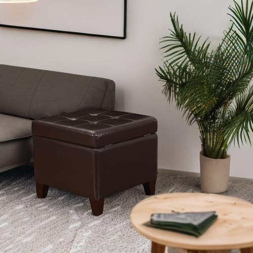 Adeco 18-inch Square Storage Ottoman, Modern Faux Leather Tufted Footrest Stool with Flip Top, Upholstered Accent Bench for Living Room & Bedroom, Chocolate Brown