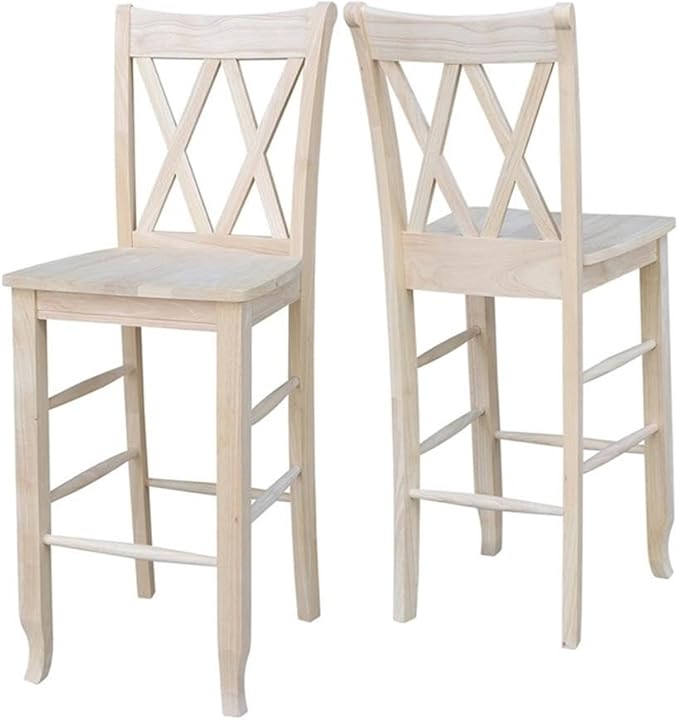 IC International Concepts Double X-Back Bar Height Stool Solid Wood, Real Parawood, Easy Assembly, 17.91" W x 19.59" D x 46.22" H 225 lbs wt Capacity, DIY, Paint or Stain Your Way, Unfinished