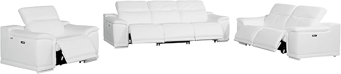 Blackjack Furniture Venice Top Grain Italian Leather 6 Power Recliner Seaters 3 Piece Sofa Set with Adjustable Headrests Modern Luxury Seating Sofa, Loveseat and Chair for Living Room Lounge, White