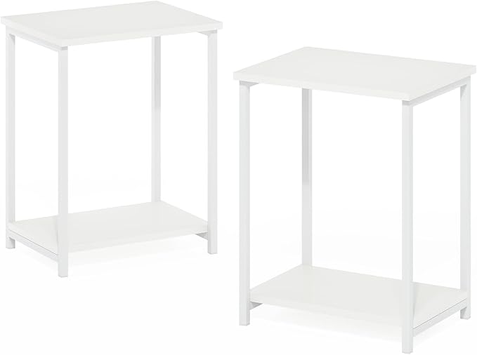 Furinno Simplistic Side Table Set of 2, 2-Tier Modern Metal Frame End Table with Open Shelf, Night Stand, Bedside Table, Easy Assembly, for Living Room, Bedroom, White