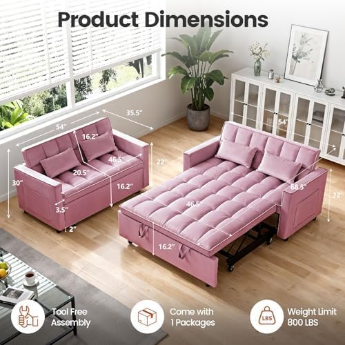 54" Convertible Pull Out Sofa Bed with Adjustable Backrest, Pink