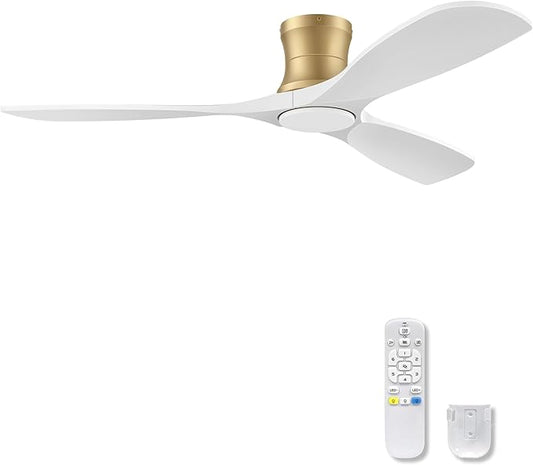 52" Wood Flush Mount Ceiling Fans with Lights Remote Control,Dimmable,Reversible,Modern Gold White Wood Ceiling Fan with Quiet DC Motor,Outdoor Indoor Low Profile for Bedroom Living Room Patio