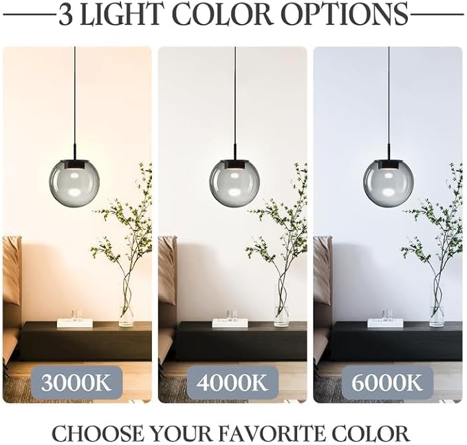 Advanced 3CCT Smoke Glass Pendant Light, Built-in LED Panel for Ultra-Even, Glare-Free Lighting, Modern Design and Stylist Fixture for Kitchen Island, Dining Table and Bedside(7.9in, 1-Pack)