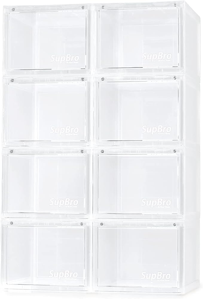 SupBro Collection Crate - Easy Access Storage Shoes Box -Plastic Foldable Stackable Sneaker Display Storage with Clear Front Door Organizer-8 Pack (Transparent)