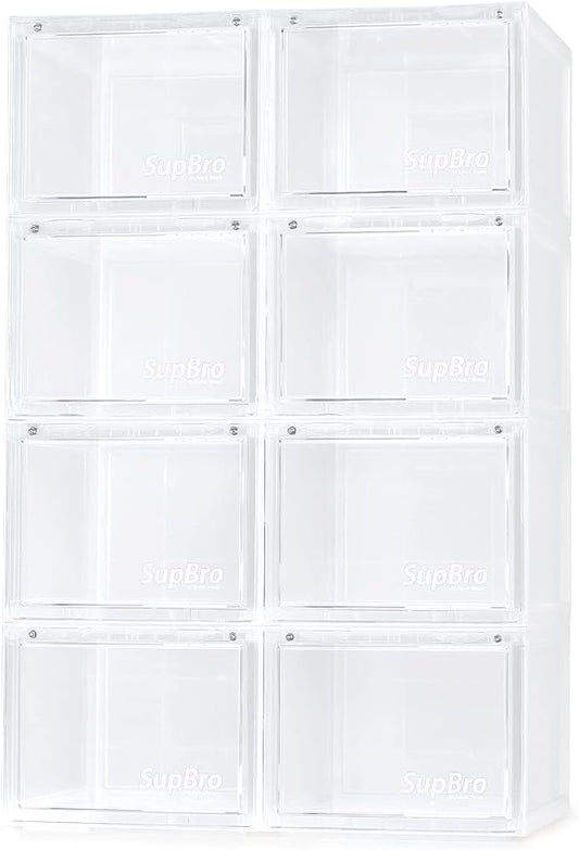 SupBro Collection Crate - Easy Access Storage Shoes Box -Plastic Foldable Stackable Sneaker Display Storage with Clear Front Door Organizer-8 Pack (Transparent)