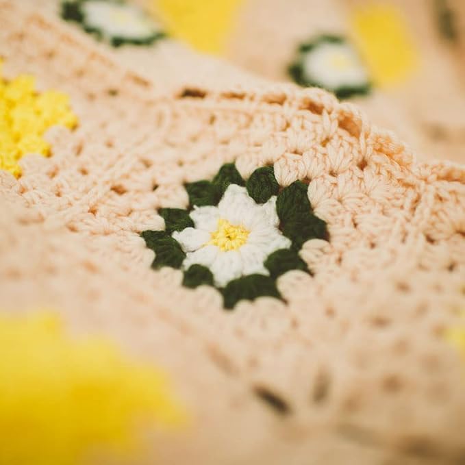 RISEON Handmade Granny Square Crochet Throw Blanket Sweater Style Mat, Crochet Quilt, Multicolor Boho Travel Accent Decor Throw for Sofa Comforter Couch Bed Recliner Living Room Bedroom (Pink)