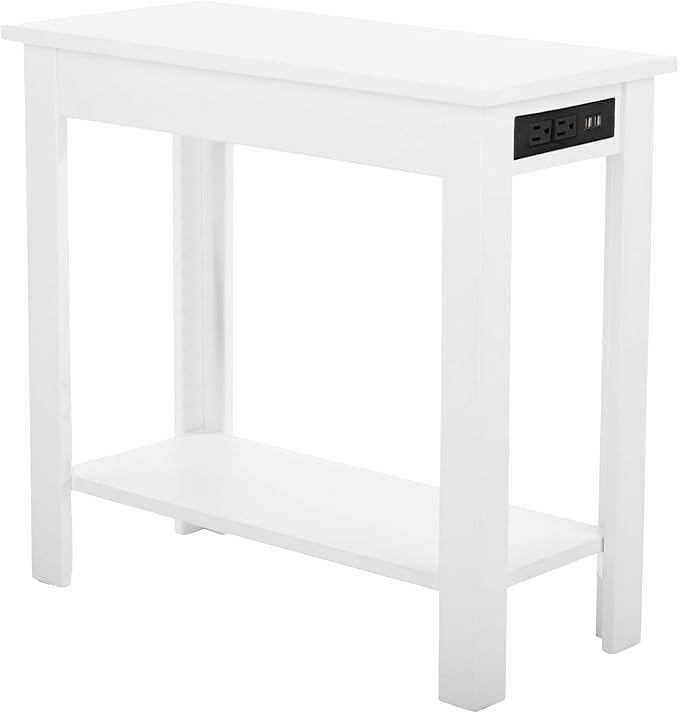 Narrow Side Table with Charging Station - Small End Table with 2 USB Ports, 2 Power Outlets, and Storage Shelf - Slim Nightstand for Living Room, Bedroom, or Small Spaces by Lavish Home (White)