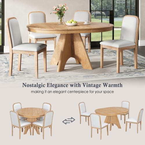 Bellemave 5-Piece Extendable Round Dining Table Set with 4 Upholstered Chairs, 42"-58" Round Kitchen Table Set for 4-6 with Removable Leaf and Crossed Legs for Kitchen, Dining Room (Natural Wood Wash)