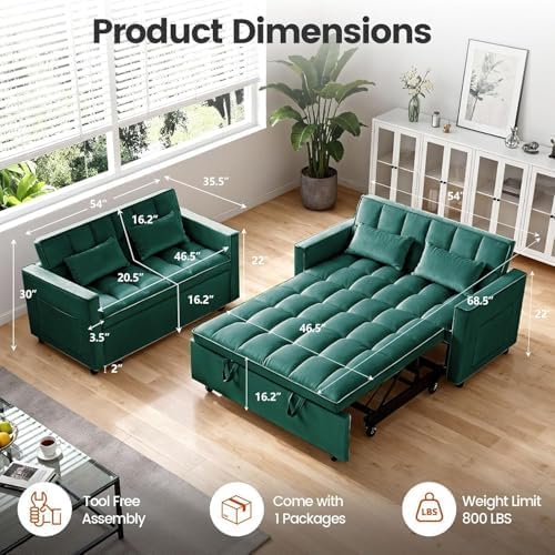 3 in 1 Convertible Sofa Bed, Velvet Fabric Loveseat Sleeper Sofa with Side Pockets, Pull Out Couch with Adjustable Backrest for Small Spaces, Living Room, Bedroom, Apartment, Green