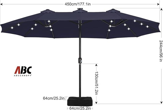 ABCCANOPY 15ft Umbrella Outdoor Patio Solar Lights with Base, Outdoor Double-Sided Rectangle Umbrella for Poolside, Lawn, Backyard (Navy Blue)