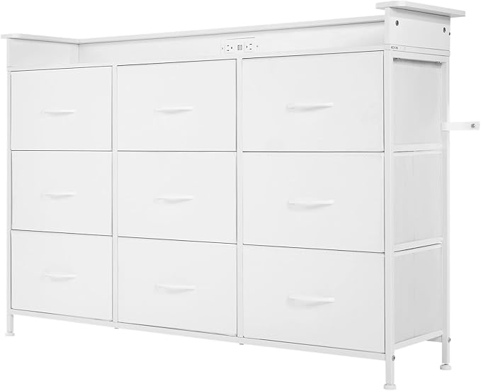 VEVOR 9 Drawer Dresser, Tall Drawer Dresser with Fabric Bin, Closet Storage Drawers with Sturdy Metal Frame, LED Lights & Built-in Outlet, Fabric Storage Tower for Bedroom, Hallway, Closet, White