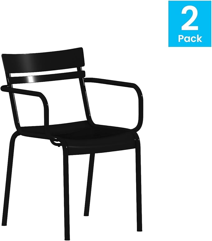 Flash Furniture Nash Commercial Grade Steel Stack Chair, Indoor-Outdoor Arm Chair with 2 Slat Back, Set of 2, Black